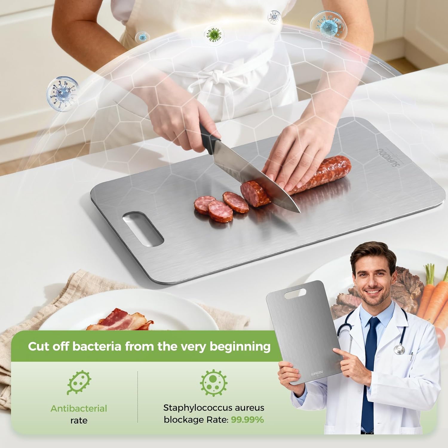 304 Stainless Steel Cutting Board | Double-Sided Food Grade Chopping Board for Meat, Fruits & Vegetables | لوح تقطيع من الفولاذ المقاوم للصدأ 304