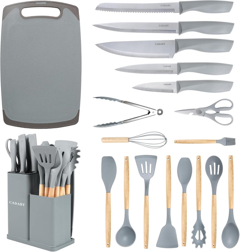 19-Piece Silicone Kitchen Utensil Set with Wooden Handles | Non-Stick Cooking Tools Set | أدوات مطبخ سيليكون 19 قطعة