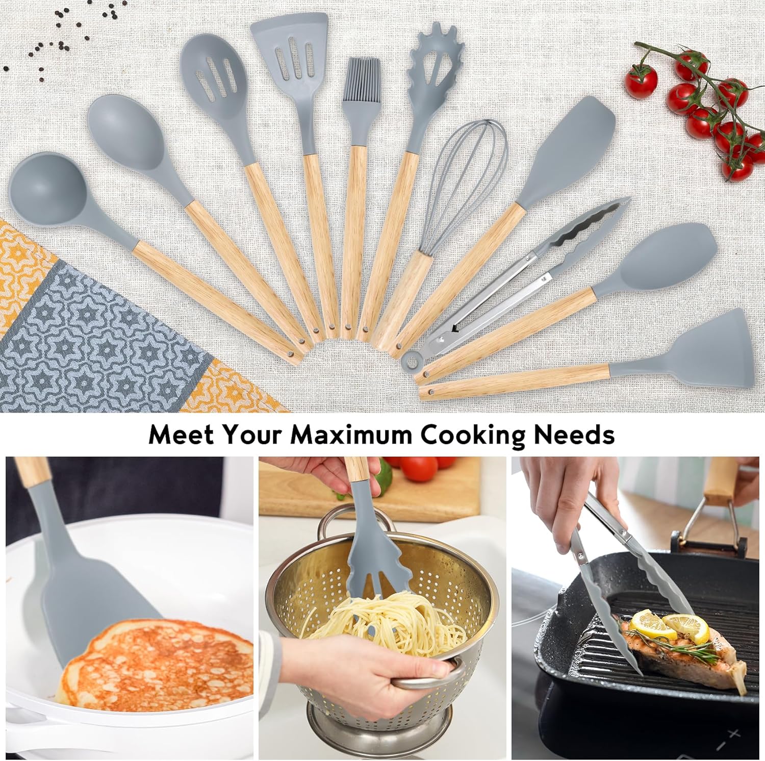 19-Piece Silicone Kitchen Utensil Set with Wooden Handles | Non-Stick Cooking Tools Set | أدوات مطبخ سيليكون 19 قطعة