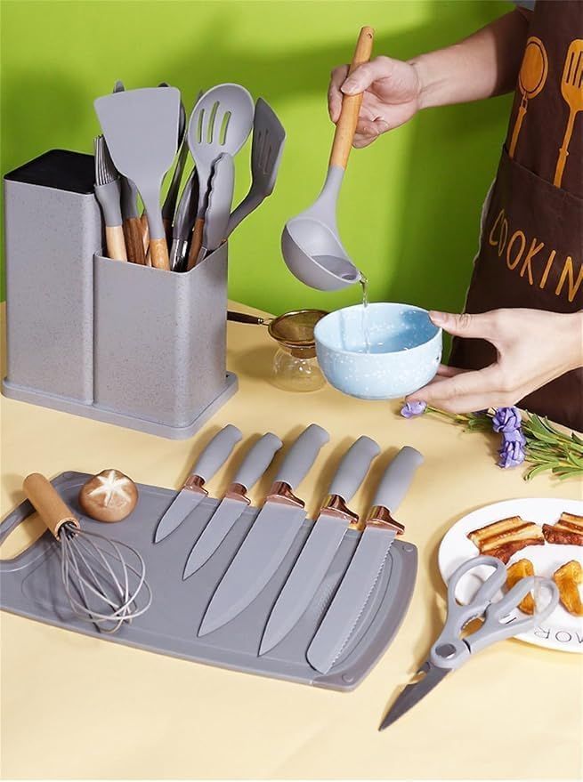 19-Piece Silicone Kitchen Utensil Set with Wooden Handles | Non-Stick Cooking Tools Set | أدوات مطبخ سيليكون 19 قطعة