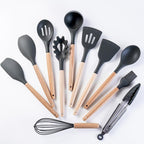 19-Piece Silicone Kitchen Utensil Set with Wooden Handles | Non-Stick Cooking Tools Set | أدوات مطبخ سيليكون 19 قطعة