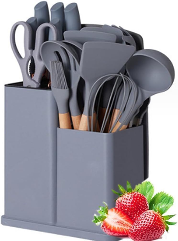 19-Piece Silicone Kitchen Utensil Set with Wooden Handles | Non-Stick Cooking Tools Set | أدوات مطبخ سيليكون 19 قطعة