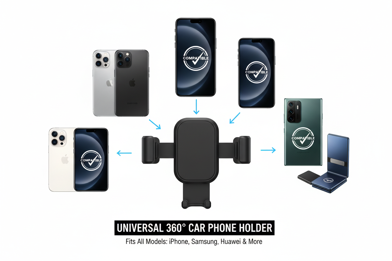360 degree car phone holder compatibility with iPhone Samsung Huawei phones