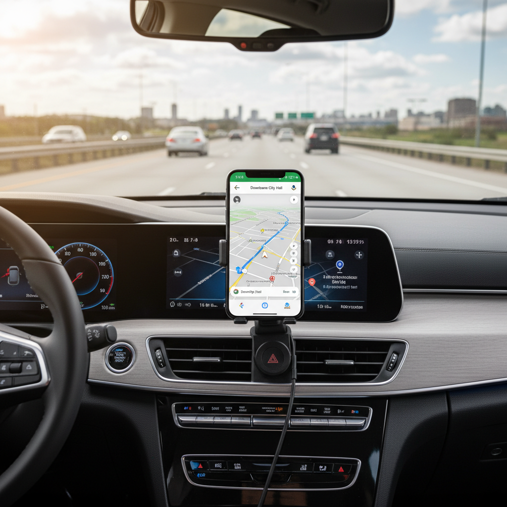Smartphone mounted on car phone holder showing GPS navigation from driver perspective