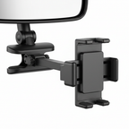 Close-up of 360 degree car phone holder clamp mechanism on rearview mirror