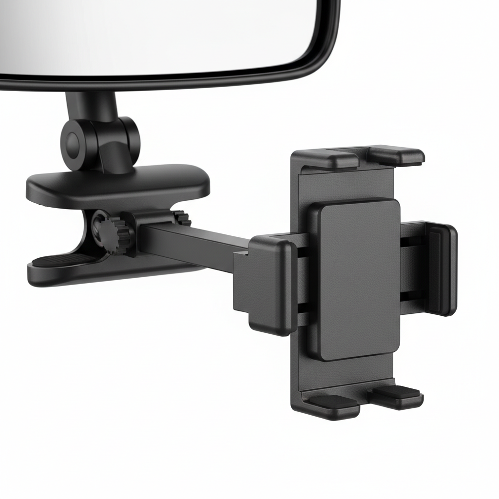 Close-up of 360 degree car phone holder clamp mechanism on rearview mirror