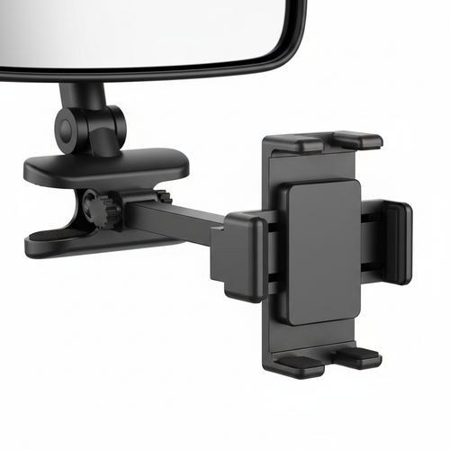 Close-up of 360 degree car phone holder clamp mechanism on rearview mirror