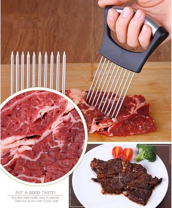 Stainless Steel Onion Holder & Vegetable Slicer | Tomato Cutter, Potato & Fruit Slicing Tool | أداة تقطيع البصل والطماطم من الستانلس ستيل