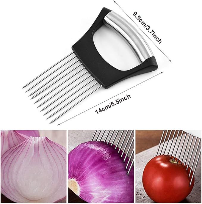 Stainless Steel Onion Holder & Vegetable Slicer | Tomato Cutter, Potato & Fruit Slicing Tool | أداة تقطيع البصل والطماطم من الستانلس ستيل