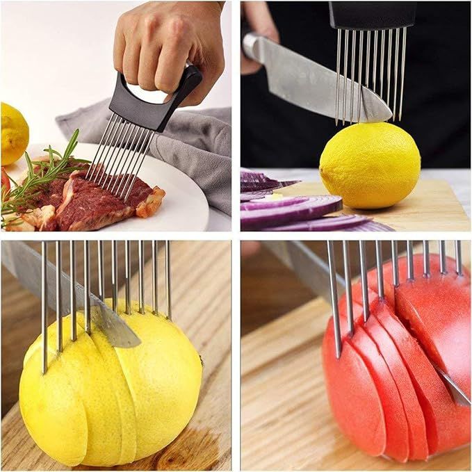 Stainless Steel Onion Holder & Vegetable Slicer | Tomato Cutter, Potato & Fruit Slicing Tool | أداة تقطيع البصل والطماطم من الستانلس ستيل